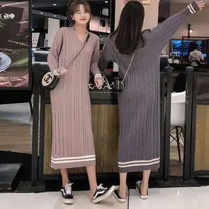 Top Bán Mùa Đông Cổ Áo Gân Dệt Kim Áo Len Váy Phụ Nữ V Cổ Dài Áo Len Phụ Nữ Sọc Ấm Cashmere Maxi Áo Len Ăn Mặc