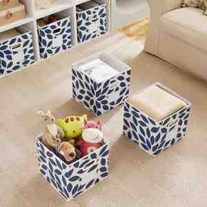 6 paniers de rangement cubiques bleus à motifs floraux, paniers de rangement carrés de 12 pouces avec poignée pour salles de classe, chambres, bureaux, maison - Product Image 6