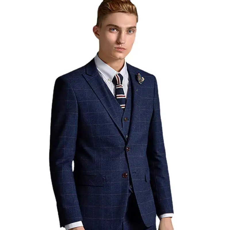 Zipper Fly Groom Suit Wedding Three-Piece British Plaid Suit Men'S Trend Suit