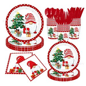 Ensemble d'assiettes en papier Gnome de Noël avec gobelets, serviettes et couverts pour la décoration de table de fête de fin d'année - Product Image 1