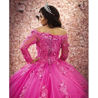 Robe de bal formelle à manches longues en dentelle pour 15 ans, robe de princesse pour 16 ans, robe de Quinceañera en dentelle fuchsia, modèle MQ120