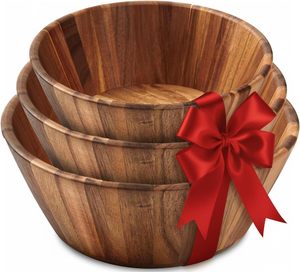 Ensemble de saladiers en bois d'acacia au design moderne, grands bols ronds de couleur naturelle - Product Image 1