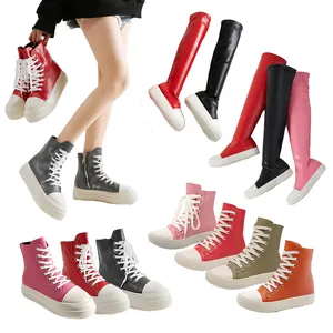 Botas femininas para a primavera, atacado, salto plano, acima do joelho, couro pu, antiderrapante, vermelho, preto