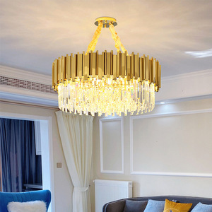 โคมไฟระย้าคริสตัลทรงกลมสีทองทันสมัย ไฟ LED ทรงกลองขนาดใหญ่ สำหรับห้องนั่งเล่น ติดตั้งบนเพดาน ขั้วหลอด E27 - Product Image 5