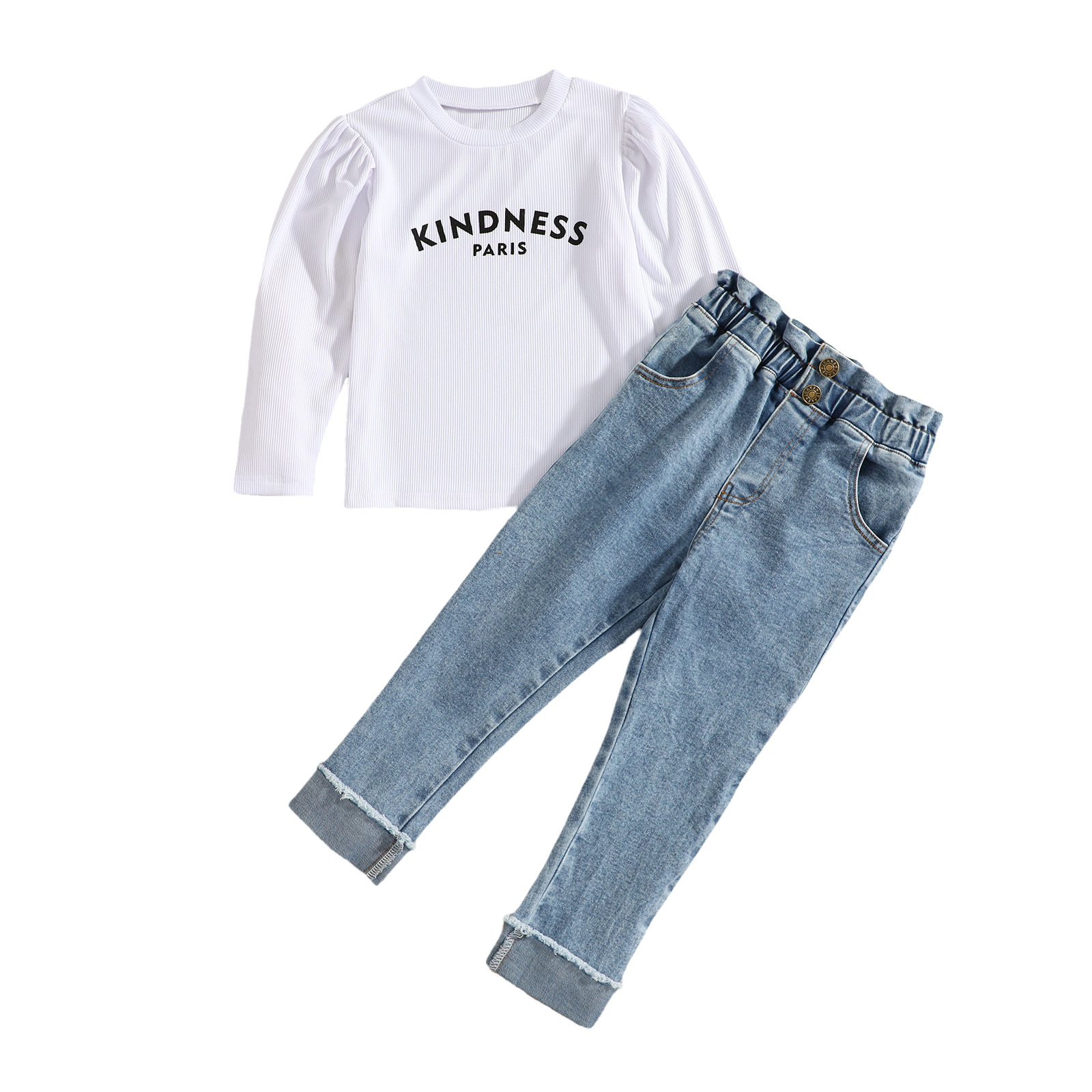 2022 New Spring Kid Girl Clothing Set Fashion Toddler Girl Letter Print White Shirt +Jeans 2 pcs Casual Outfit Set 2-6 Years