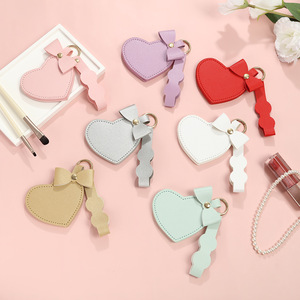 Custom logo Macaron Color Leather Keychain Pendant Fresh DIY Bag Decoration Creative Personalized Makeup Cosmetic Mirror