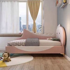 Lit d'enfant moderne au design dinosaure, structure en bois robuste, tête de lit rembourrée en coton confortable, taille complète pour chambre d'enfant - Product Image 3