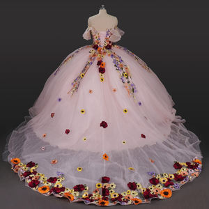 Vestido de Quinceañera WC049 Rosa Pálido sin Mangas con Apliques de Flores Multicolores y Cola Watteau de Gasa Natural - Product Image 5