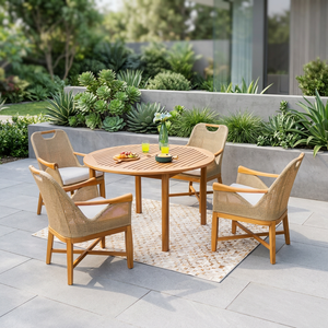 Modern Durable Outdoor <b>Patio</b> Dining Set <b>Round</b> Teak Wood <b>Table</b> & Beige Wicker Rattan Chairs for Hotel & Villa Use - Product Image 2