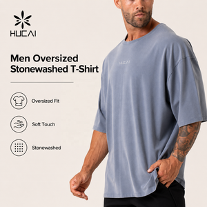 HUCAI T-shirt da uomo personalizzata con spalle scese, in cotone morbido lavato, casual, per allenamento sportivo, vestibilità oversize e ampia, per la <span class=keywords><strong>palestra</strong></span> - Product Image 1