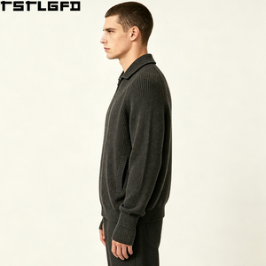 Cardigan en laine coupé-cousu à fermeture éclair intégrale pour homme, gris anthracite, col côtelé avec passe-pouces, style streetwear, pulls pour hommes, vente en gros pour fabricants - Product Image 3