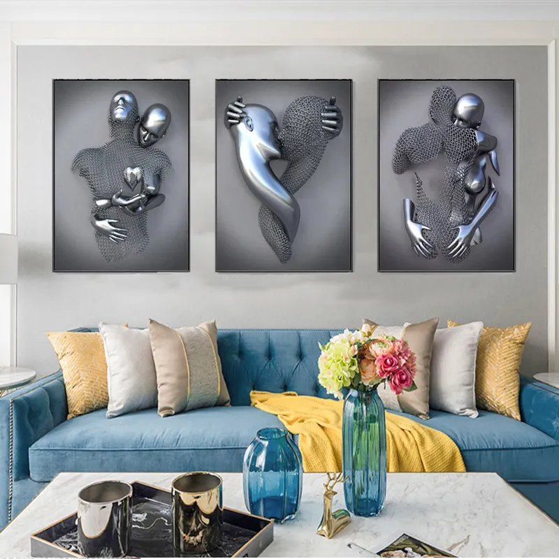 Modern Love Statue 3D Art Posters And Prints Nordic Metal Figure Sculpture Wall Art Canvas Print Painting For Bed Room Decor