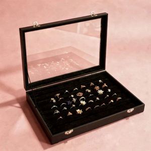 Nampan pajangan perhiasan dari kulit hitam sikat, untuk kalung, anting, cincin, dan gelang - Product Image 1