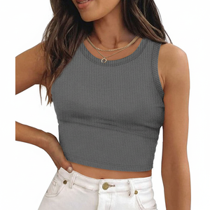 เสื้อครอปถักคอตตอนแขนกุดคอสูงลำลองสำหรับผู้หญิง - Product Image 1