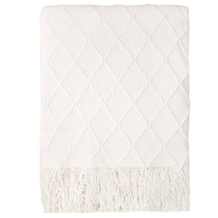 Plaid de canapé en acrylique tricoté, blanc, super doux, confortable, texturé, uni, avec pompons décoratifs, léger, faible MOQ, 2024