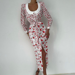 <span class=keywords><strong>Abito</strong></span> Midi Vintage da Donna con Cintura, <span class=keywords><strong>Spacco</strong></span> Frontale e Maniche Lunghe, Vestito Floreale Autunnale - Product Image 2