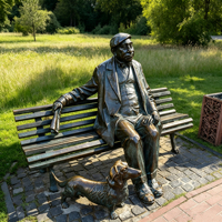 Statue de groupe personnalisable en bronze coulé, style réaliste grandeur nature, pour décoration de parc et de jardin, représentant un vieil homme avec un chien
