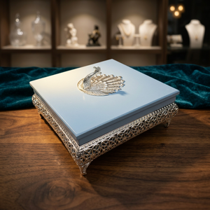 Boîte à fruits secs de luxe en argent allemand, motif paon, émail bleu clair, rectangulaire, avec support en filigrane complexe, festive - Product Image 3