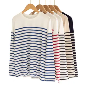 Moda kadın kırmızı ve beyaz çizgili tişört özel Logo 100% pamuklu uzun kollu tişört çizgili denizci gömlek Breton Tee gömlek