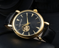 Prix de gros usine Montre de luxe classique pour homme, cadran en cristal saphir noir ajouré, automatique avec réserve de marche