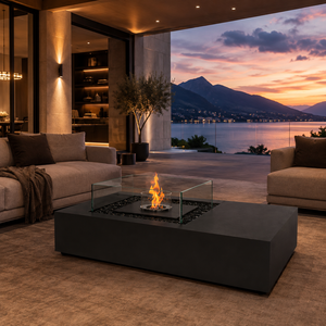 Table de foyer au <span class=keywords><strong>bioéthanol</strong></span> pour intérieur et extérieur <span class=keywords><strong>avec</strong></span> brise-vent en verre, brûleur à flamme réelle pour patio et salon, de Foshan OEM - Product Image 1