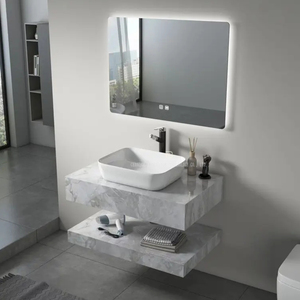 Vanidades de baño de superficie sólida europea, lavabo de pizarra de <span class=keywords><strong>Roca</strong></span> montado en la pared, tocador de lavabo doble de mármol con espejo Led - Product Image 3