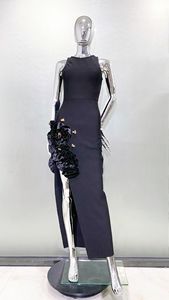 Robe de soirée extensible pour femme, sans manches, à fente haute, motif floral 3D, collection Printemps-Été, tendance - Product Image 3