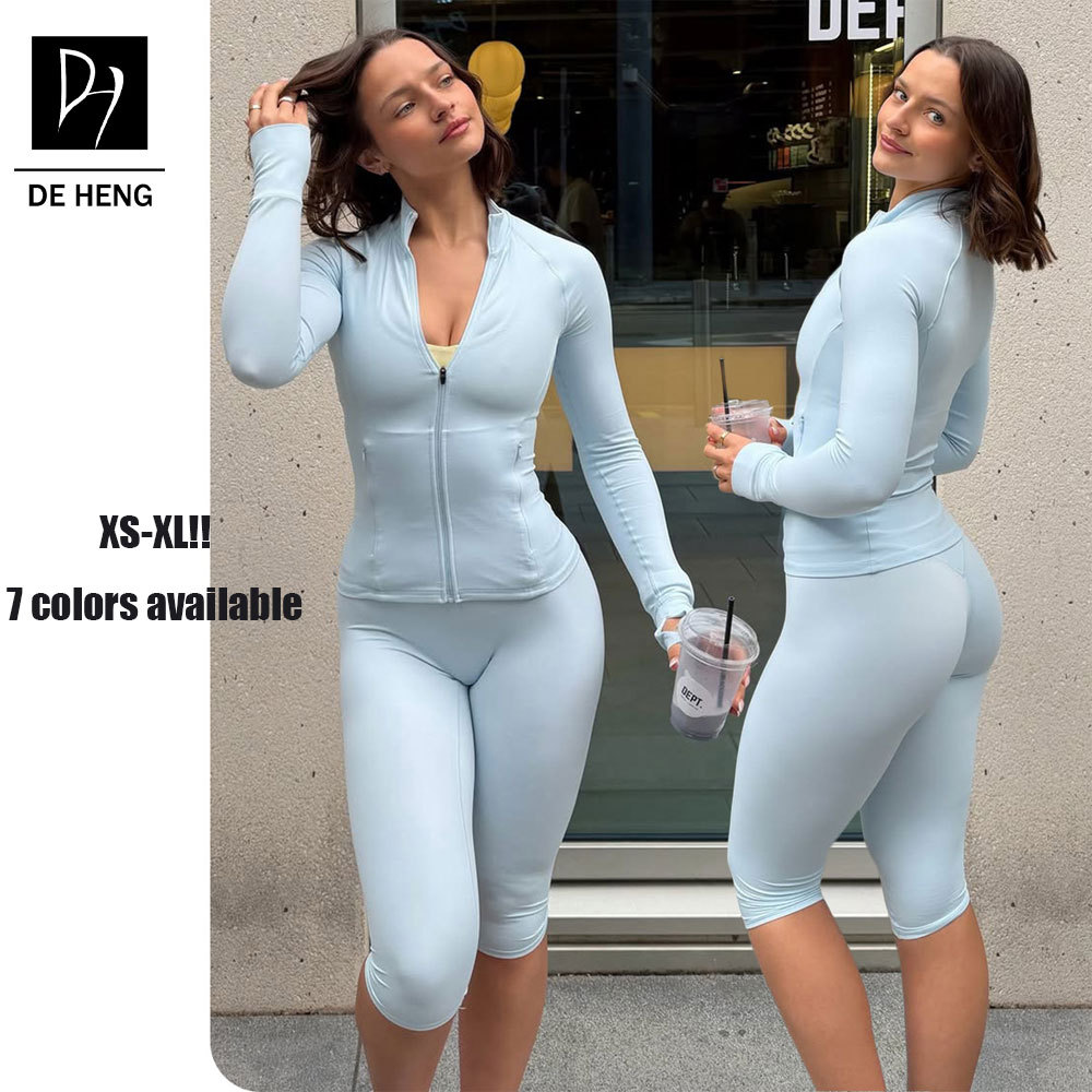 Hot Sale Women Solid Breathable Zip-Up Thumb-Hole High Waist Capri Leggings 2-Piece Set Fitness Yoga Running Tracksuit