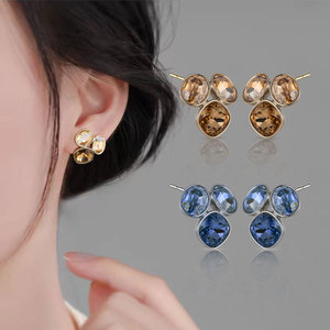 Geometric Stud Earrings S925 Silver Oval Crystal Bezel Setting Party Fashion Jewelry - Product Image 1