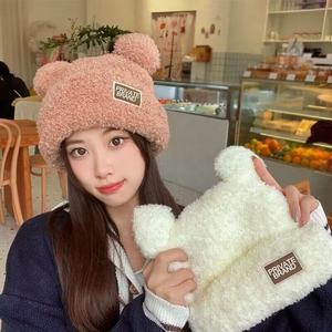 หมวก2025ไหมพรมขนสัตว์กันลมหมวกหมีหนาอบอุ่นรุ่นสากลหมวกหูหมีสำหรับสุภาพสตรี - Product Image 1