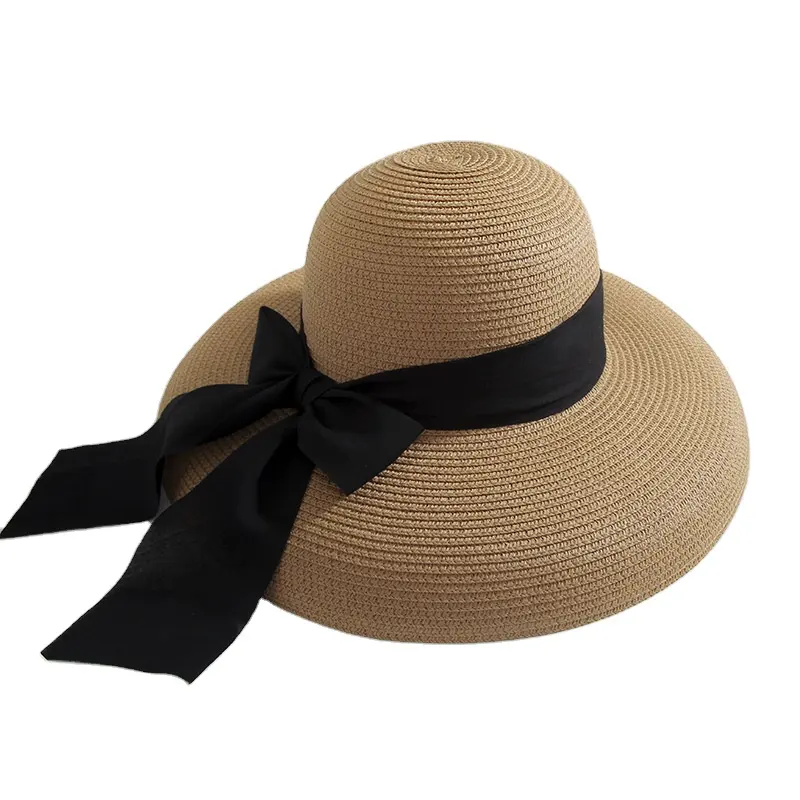 Yaz kişiselleştirilmiş Logo moda stil bayan hasır şapka çan şekli büyük ilmek ağız kadınlar hasır şapkalar
