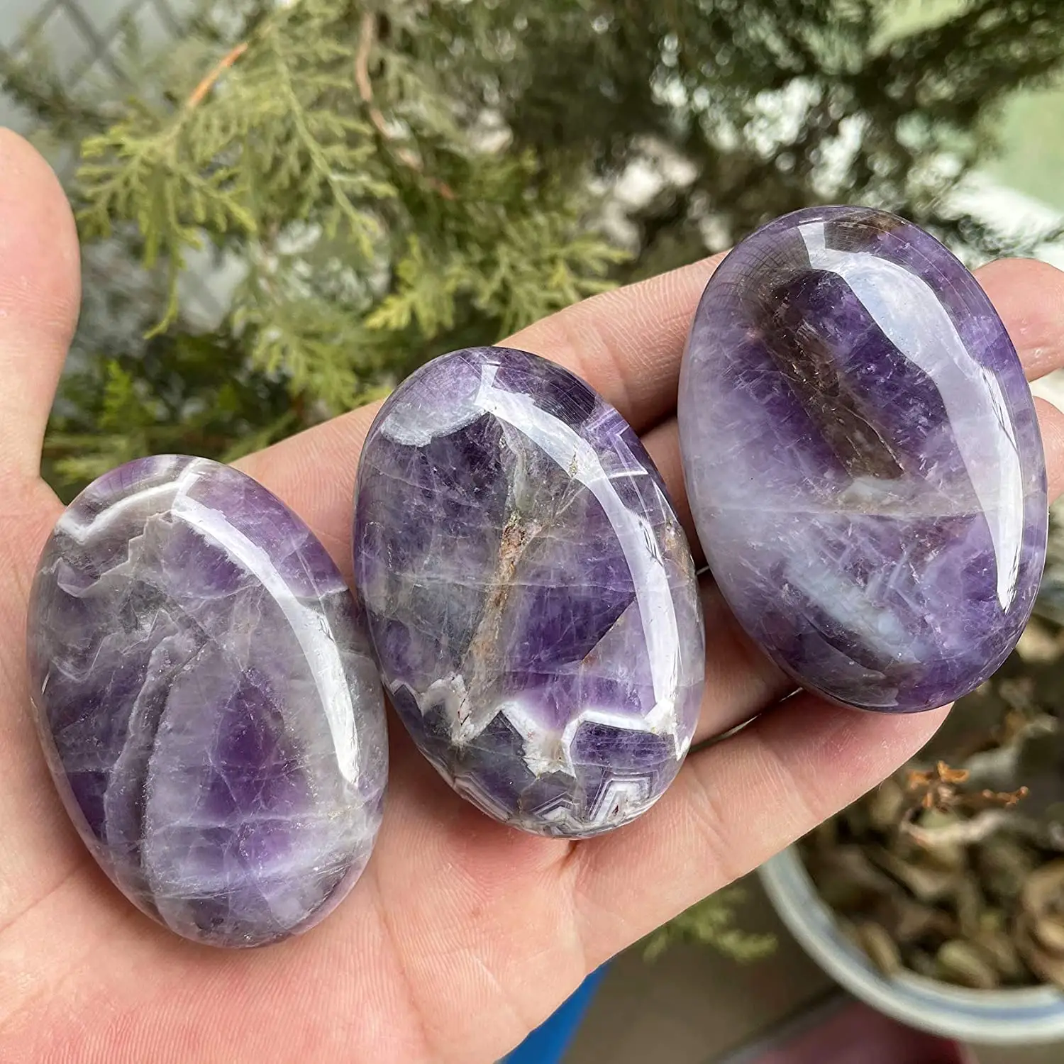 Amethyst Mimpi Alami Kualitas Tinggi Halus Dipoles Batu Permata Oval Palem Chveron Amethyst