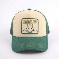 Casquette Trucker personnalisée avec patch tissé, en sergé de coton OEM, 5 panneaux, dos en maille, visière incurvée bicolore, fermeture snapback, logo dessin animé