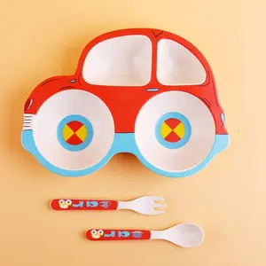 Hot Selling Bamboo Dinnerware Set Kids toddler Divided Car Plate Bowl Cup Fork and Spoon Set baby Feeding Dinner Tray Set