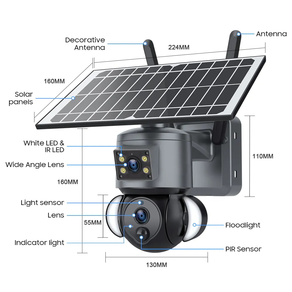 كاميرا شبكة ايكيفيشن Ubox 4MP بكاميرا IP مزدوجة العدسات PTZ للتكبير والتسجيل بالطاقة الشمسية للمنازل الذكية الجيل الرابع للاستخدام الخارجي H.265