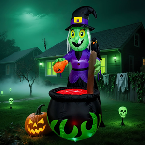 Décoration d'Halloween gonflable <span class=keywords><strong>de</strong></span> 1,8 m : Sorcière avec corbeau sur <span class=keywords><strong>l</strong></span>'épaule, brassant une potion magique dans un chaudron, pour une ambiance effrayante - Product Image 1