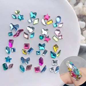 100 Buah/Kantong 3d Aurora Kuku Berlian Imitasi Banyak Bentuk Dekorasi Seni Kuku Berlian Glitter Jumlah Besar Kaca Kristal Warna-warni