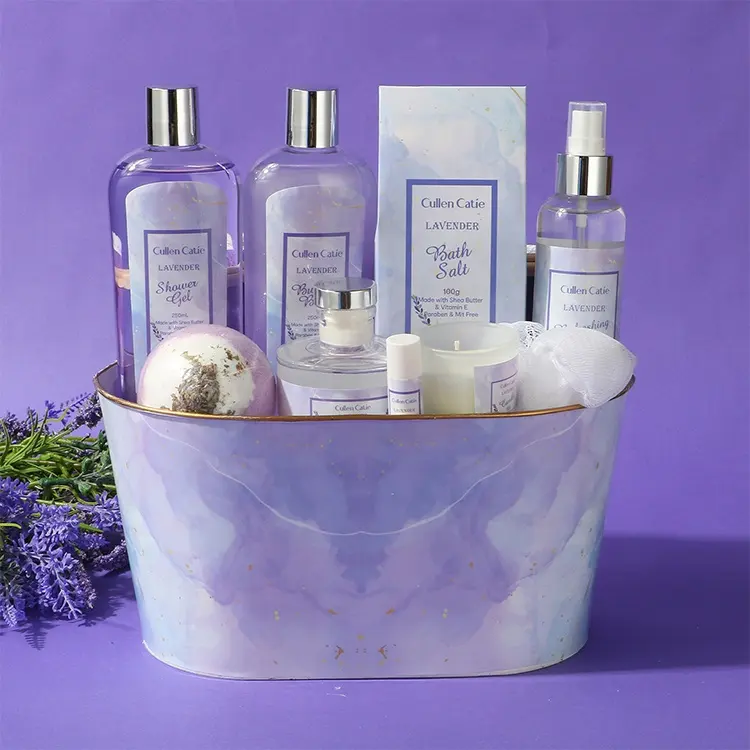 Wholesale shower gel body scrub works bath spa self care gift set luxury basket bath supplies lavender scent private label women