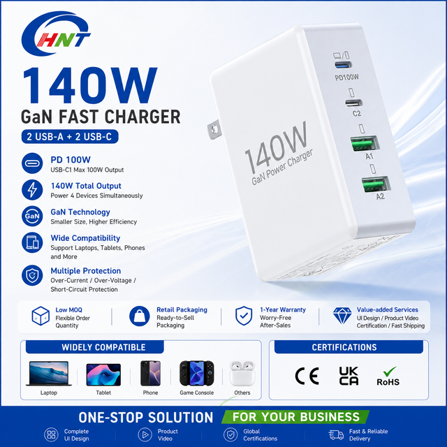 Wholesale 140W GaN USB C Wall Charger 2 USB-C 2 USB-A Fast Charging 4 Ports PD 100W Output Folding Plug for Laptop Phone Table