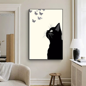 Vente en gros de toile minimale noire et blanche peinture murale chat noir japonais <span class=keywords><strong>chambre</strong></span> d'enfant décoration d'intérieur - Product Image 5