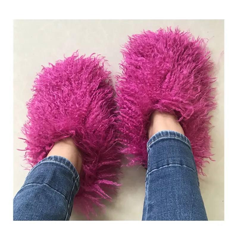 Fashion Trendy Customized Curly Fur shoes Women sheepskin Slipper Mongolian fur slipper Slide Warm Plush Fluffy winter slippers