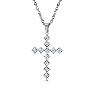 2025 New Elegant High-End Diamond-Studded <b>Titanium</b> Steel Cross Necklace with Unisex, Light Luxury Rhombus-Shaped Diamond Pendant - Product Image 1