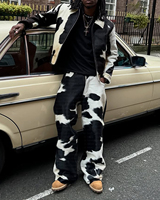 Vêtements de Luxe Personnalisés Haute Qualité Streetwear Veste de Costume Imprimé Vache en Peau de Vache Manteau en Cuir PU Ensemble Deux Pièces Pantalon pour Hommes