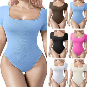 Wholesale Women's Seamless Sports Fitness <b>Bodysuit</b> Sexy Ribbed Square Neck Short Sleeve Body Shaper with Tummy <b>Control</b> Yoga - Product Image 5