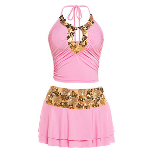 Ensemble 2 pièces personnalisé pour <span class=keywords><strong>femme</strong></span> avec logo, haut court à col licou orné <span class=keywords><strong>de</strong></span> paillettes et découpes, mini-jupe taille haute à volants, <span class=keywords><strong>tenue</strong></span> <span class=keywords><strong>de</strong></span> soirée OEM - Product Image 2