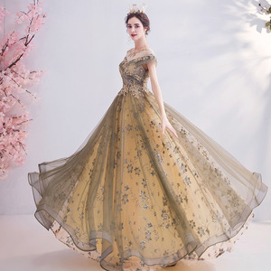 Golden Off The Shoulder Ball Gown Empire Waist Floral Print Evening Dress For Wedding Banquet Stage Performance Host Solo Show - Product Image 2