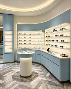 Luxury Optical Store Design Custom Eyewear Shop Fixtures Blue Gray <b>Display</b> <b>Cabinet</b> Brass Metal Glass Retail Interior Solution - Product Image 2