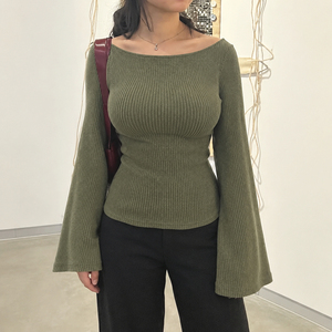 Haut en tricot à col bateau et manches cloche pour femme, coupe ajustée extensible, manches longues, couleur unie, chemisier de bureau pour femme, polyester/coton, toutes saisons - Product Image 5