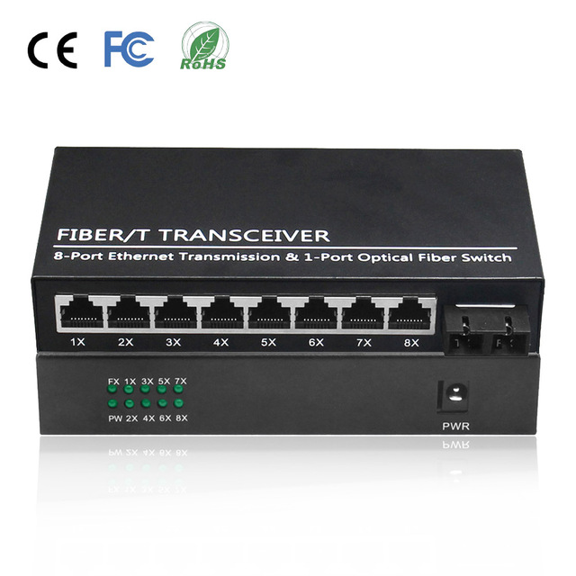 High Quality 8 Port Self-adaptive RJ45 Gigabit Fiber Media Converter 10/100/1000Mbps 20km Single Mode SC for CCTV System