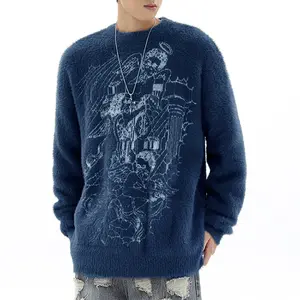 Suéter de tricô masculino personalizado de malha de vison falso mohair fuzzy